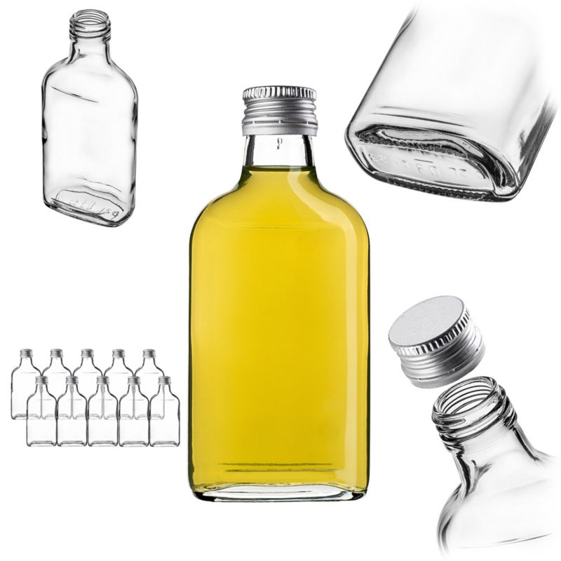 Butelka KADAX Szklana Piersiówka 200 ml Z Srebrną Zakrętką 10 szt.