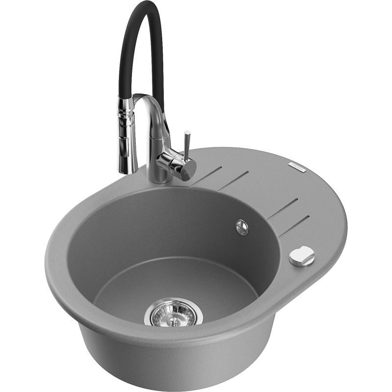 Zlewozmywak granitowy 1-komorowy Mexen Kevin z ociekaczem i baterią kuchenną Aster szary 6517-71-73450-07