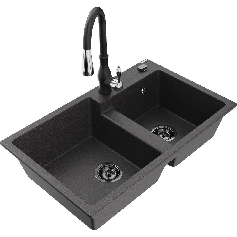 Zlewozmywak granitowy 2-komorowy Mexen Tomas z baterią kuchenną Savita czarny nakrapiany 6516-76-672601-70-B