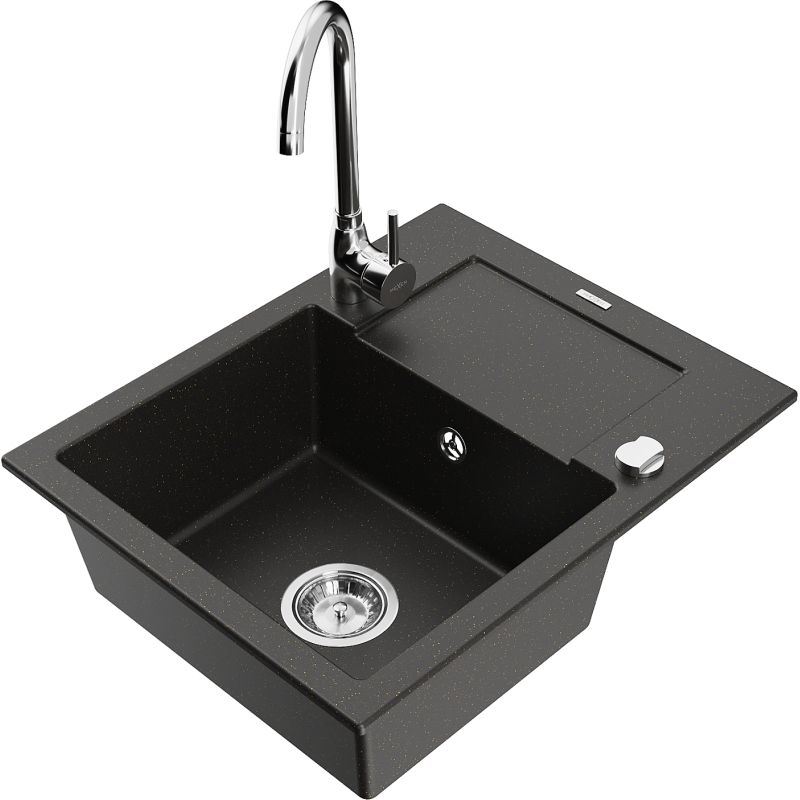 Zlewozmywak granitowy 1-komorowy Mexen Enzo z ociekaczem i baterią kuchenną Telma czarny/złoty 6506-75-670200-00