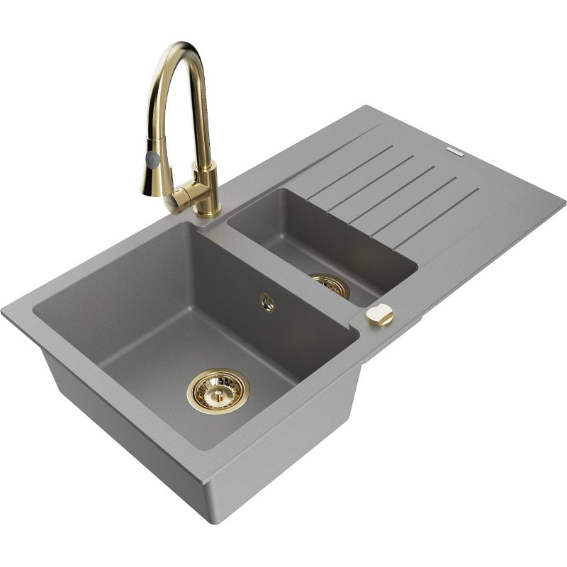 Zlewozmywak granitowy 1.5-komorowy Mexen Matias z ociekaczem i baterią kuchenną Elia szary 6502-71-670101-50