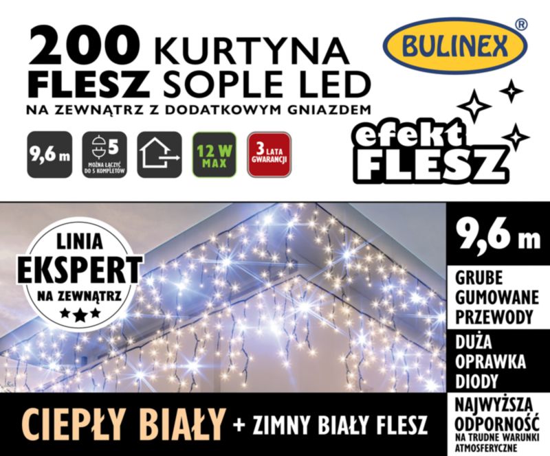 Kurtyna zewnętrzna 200 LED Bulinex sople flesz 9,6 m z dodatkowym gniazdem ciepła biała / zimna biała