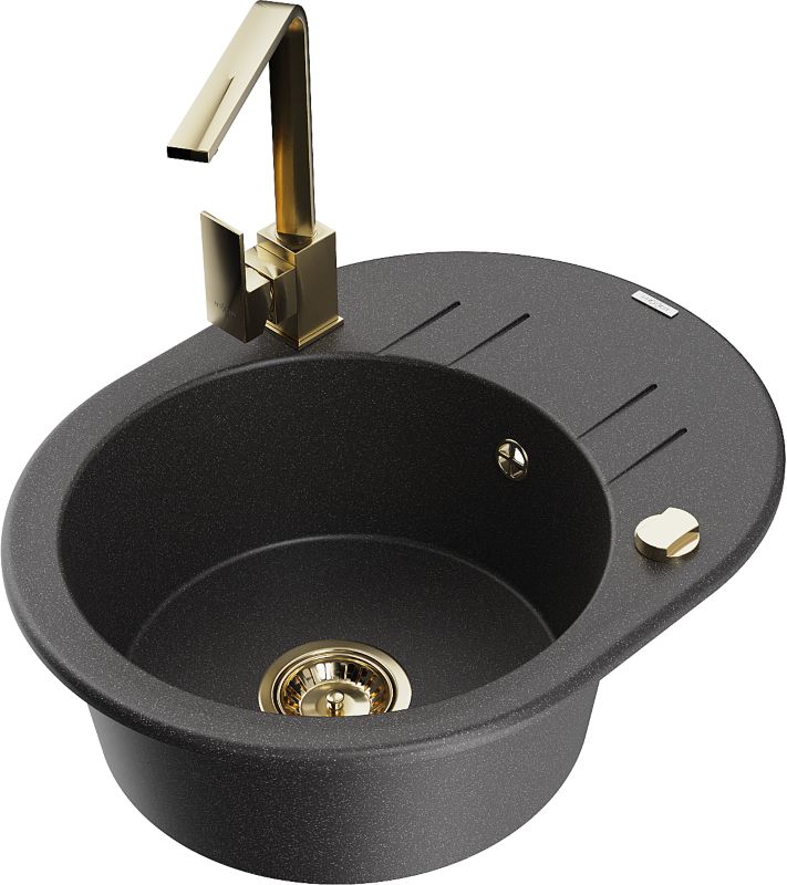 Zlewozmywak granitowy Mexen Kevin 1-komorowy z ociekaczem i baterią kuchenną Rita czarny 6517-76-670300-50