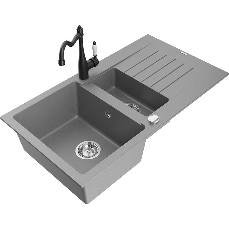 Zlewozmywak granitowy 1.5-komorowy Mexen Matias z ociekaczem i baterią kuchenną Carla szary 6502-71-670700-70