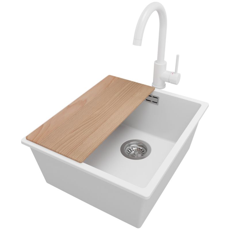 Zlewozmywak Granitowy Londyn Slim PRIMAGRAN Nablatowy 41x47cm do szafki od 45cm z Syfonem i Baterią i Dodatkiem Biały 1 szt.