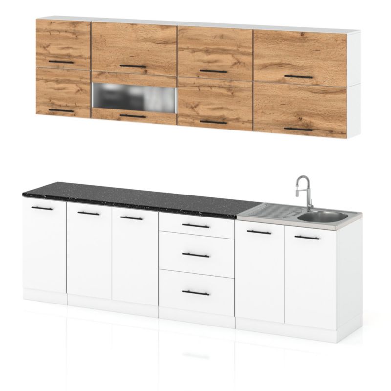 Zestaw Kuchenny Hurtownia-Mebli Z Blatem Kuchnia Robo Lux 260cm Biały Mat Dąb Wotan/Biały Mat 260x52x157 cm 1szt.
