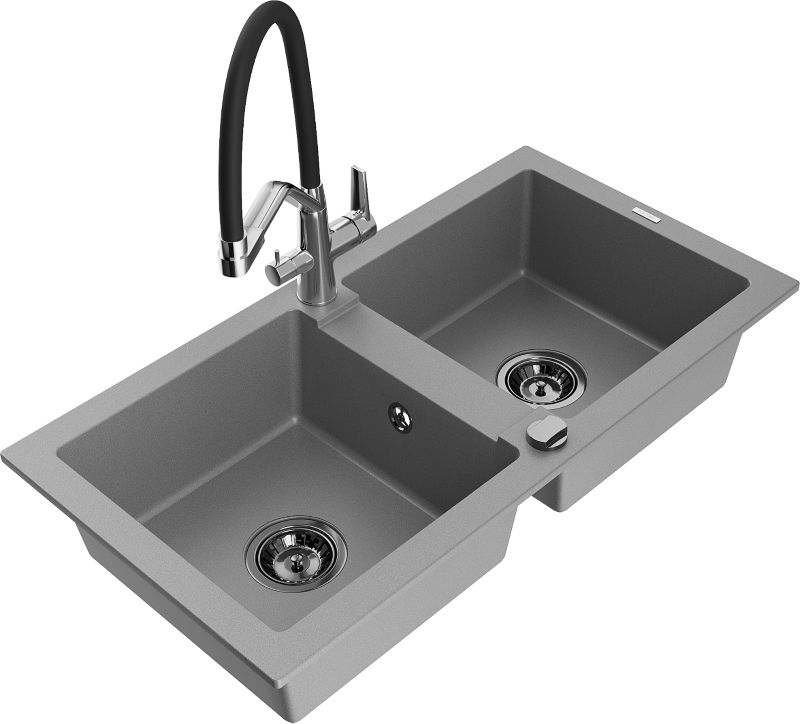 Zlewozmywak granitowy Mexen Mario 2-komorowy z baterią kuchenną Duo szary 6504-71-671701-07-B