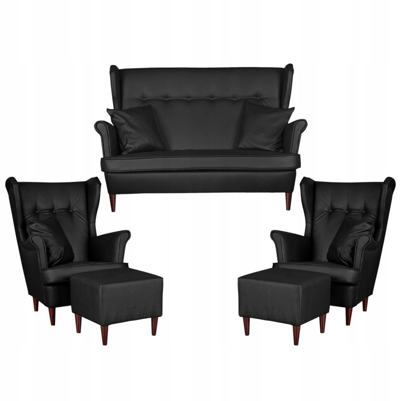 Zestaw wypoczynkowy uszak do salonu sofa fotele pufy Family Meble Eco skóra czarny 1szt
