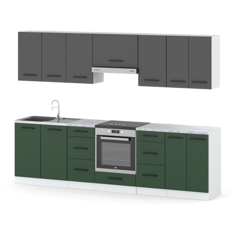Zestaw Kuchenny Hurtownia-Mebli Z Blatem Kuchnia Roma 280cm Biały Mat Szary Mat/Butelkowa Zieleń 280x47x145 cm 1szt.