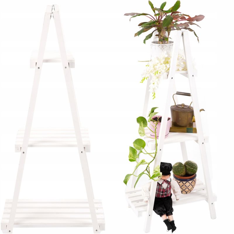 Stojak na kwiaty Eco Deco 114 cm wysokość drewno świerkowe trzy półki biały 1 szt.