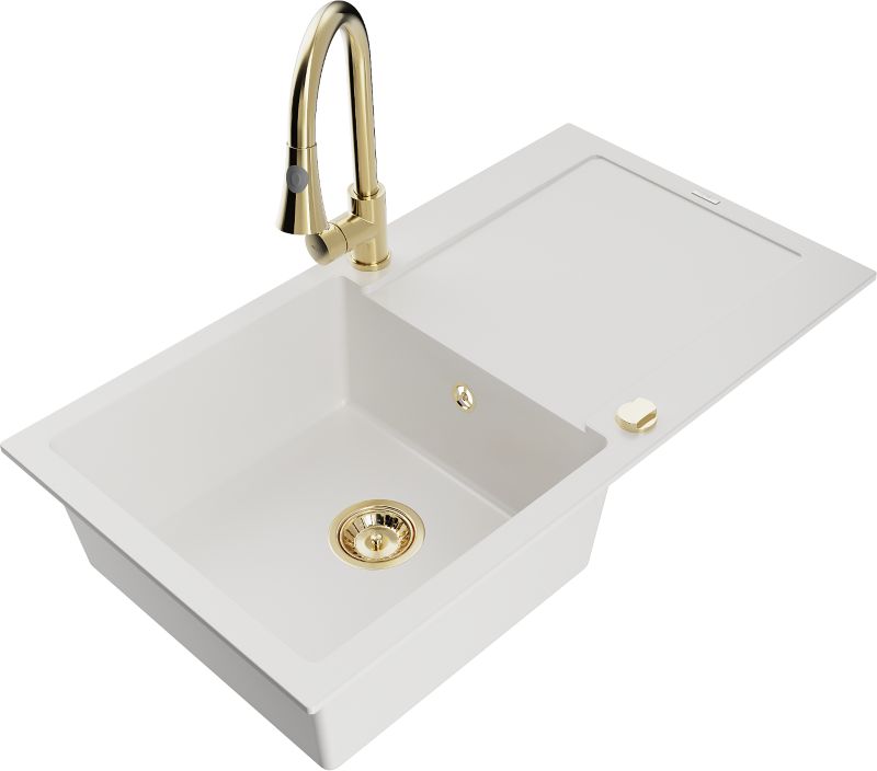 Zlewozmywak granitowy Mexen Leo 1-komorowy z ociekaczem i baterią kuchenną Elia biały - 6501-20-670101-20 1 szt.