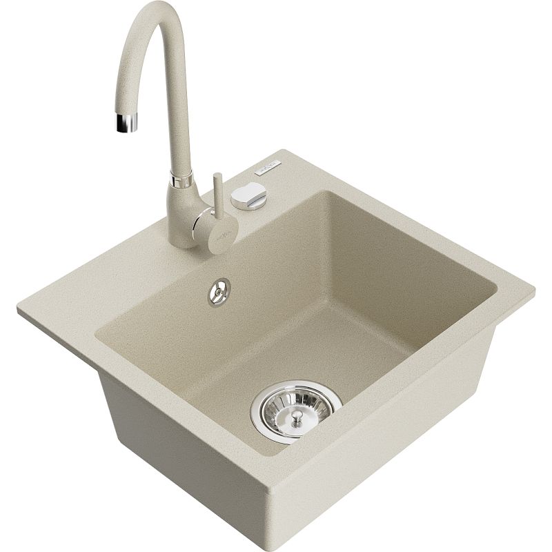 Zlewozmywak granitowy 1-komorowy Mexen Milo z baterią kuchenną Telma biały - 6505-20-670200-50 1 szt.