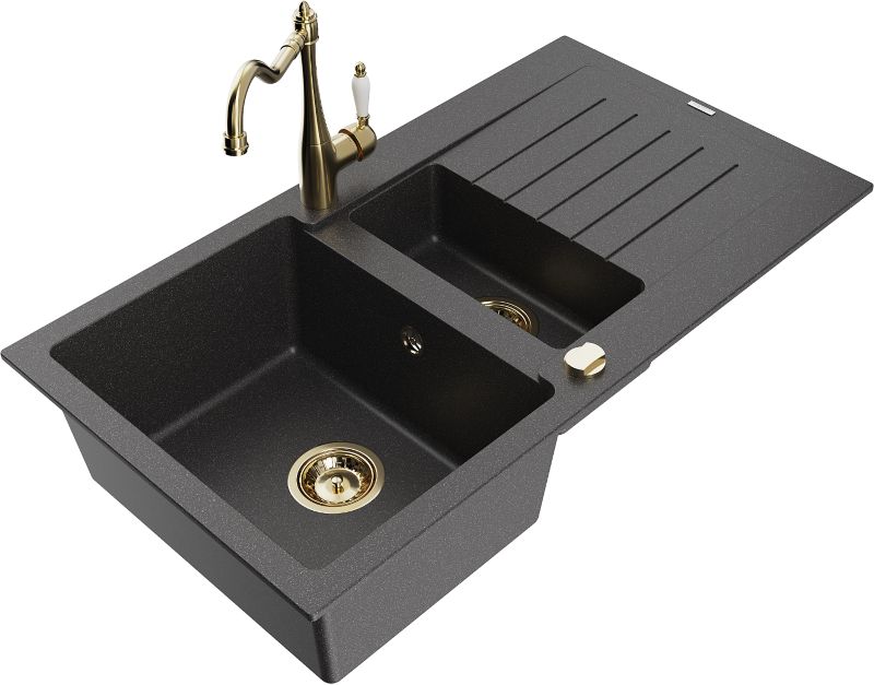 Zlewozmywak granitowy Mexen Matias 1,5-komorowy z ociekaczem i baterią kuchenną Carla czarny 6502-76-670700-50