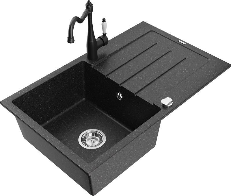 Zlewozmywak granitowy Mexen Bruno 1-komorowy z ociekaczem i baterią kuchenną Carla szary - 6513-71-670700-71 1 szt.