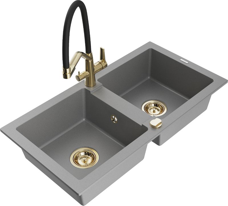 Zlewozmywak granitowy Mexen Mario 2-komorowy z baterią kuchenną Duo szary 6504-71-671701-57-G