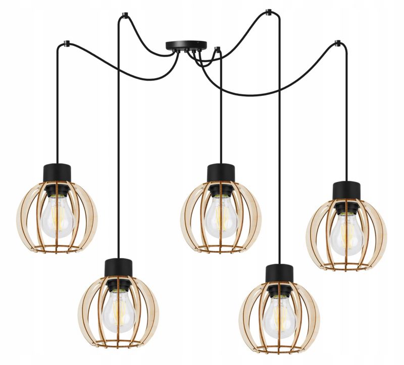 Lampa sufitowe wisząca Light Home LH Timber Spider 5x E27 60W klosz drewno kula 16cm czarny 1szt.