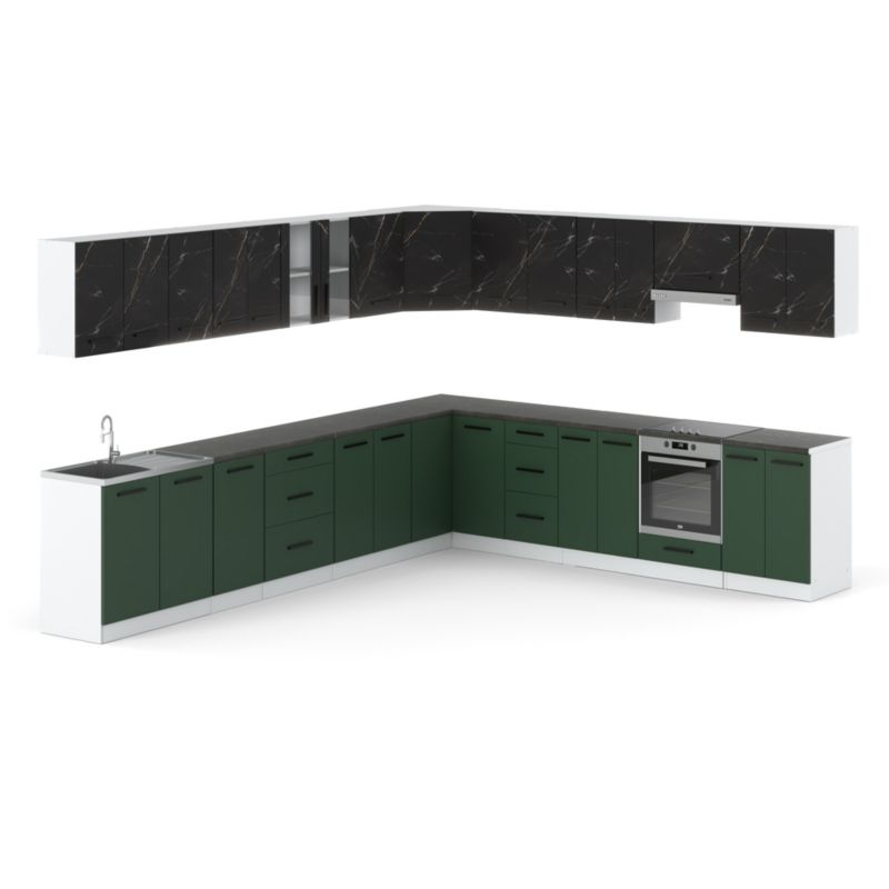 Zestaw Kuchenny Hurtownia-Mebli Z Blatem Kuchnia narożna Rossa 680cm Biały Mat San Sebastian/Butelkowa Zieleń 680x47x145 cm 1sz