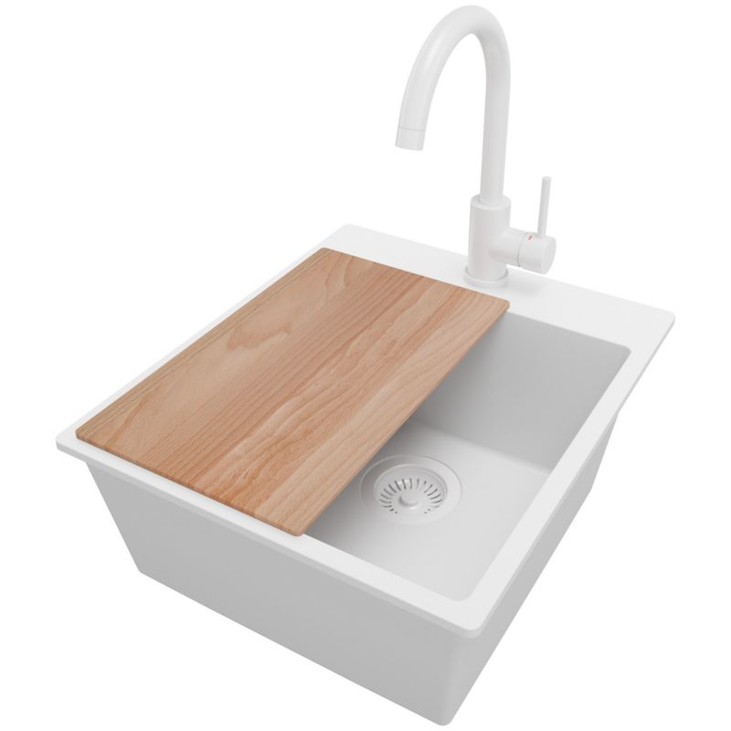 Zlewozmywak Granitowy Ryga PRIMAGRAN Nablatowy 43x50cm do szafki od 45cm z Syfonem i Baterią i Dodatkiem Cały Biały 1 szt.