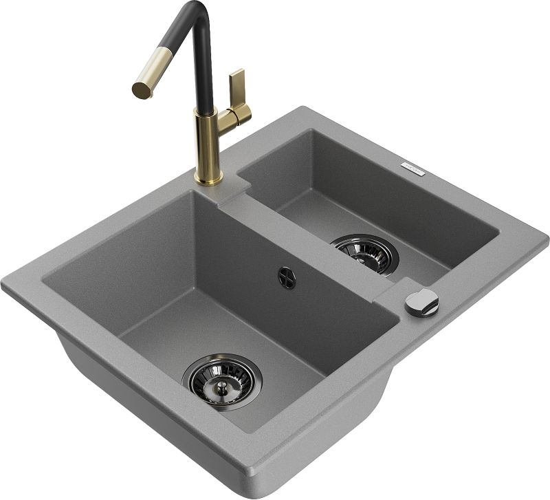 Zlewozmywak granitowy Mexen Carlos 1,5-komorowy z baterią kuchenną Flora szary 6518-71-670401-57-B