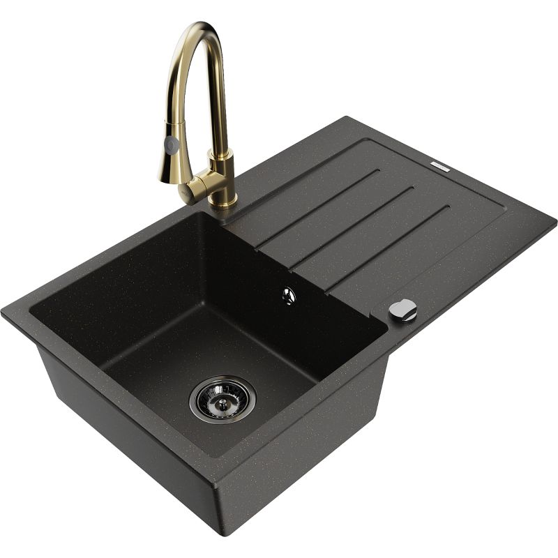 Zlewozmywak granitowy 1-komorowy Mexen Bruno z ociekaczem i baterią kuchenną Elia czarny/złoty metalik 6513-75-670101-50-B