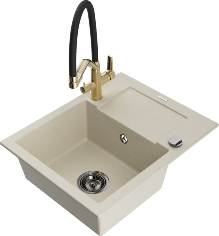 Zlewozmywak granitowy Mexen Enzo 1-komorowy z ociekaczem i baterią kuchenną Duo beżowy - 6506-69-671701-57-G 1 szt.