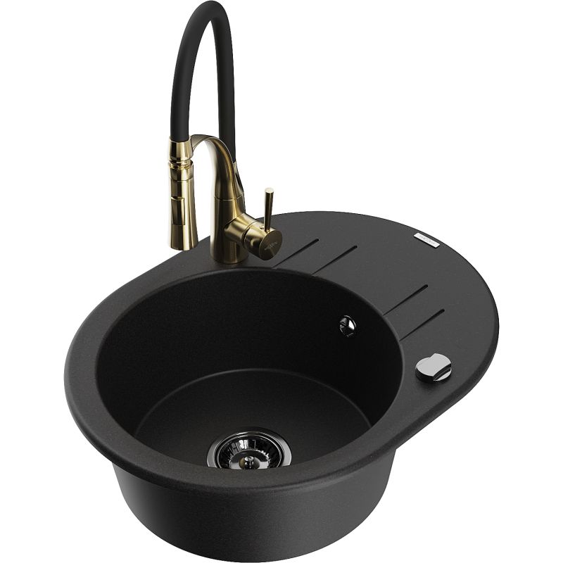 Zlewozmywak granitowy 1-komorowy Mexen Kevin z ociekaczem i baterią kuchenną Aster czarny - 6517-77-73450-57-G 1 szt.