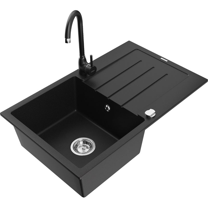 Zlewozmywak granitowy 1-komorowy Mexen Bruno z ociekaczem i baterią kuchenną Telma czarny nakrapiany - 6513-76-670200-76 1 szt.