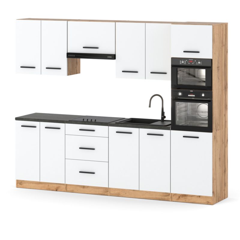 Zestaw Kuchenny Hurtownia-Mebli Z Blatem Kuchnia Marra 260cm Dąb Wotan Biały Mat 260x47x217 cm 1szt.