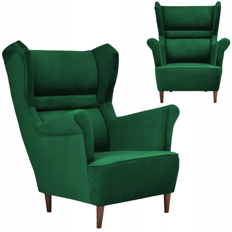 Fotel Uszak FamilyMeble Klasyczny Aksamit Welurowy Do Salonu Zielony 1 szt.