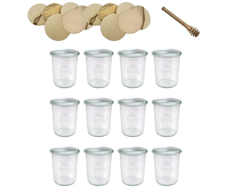 Słoiki MODO24 Weck 160 ml fi 60 mold z drewnianymi wiekami i nabierakami 12 kpl.