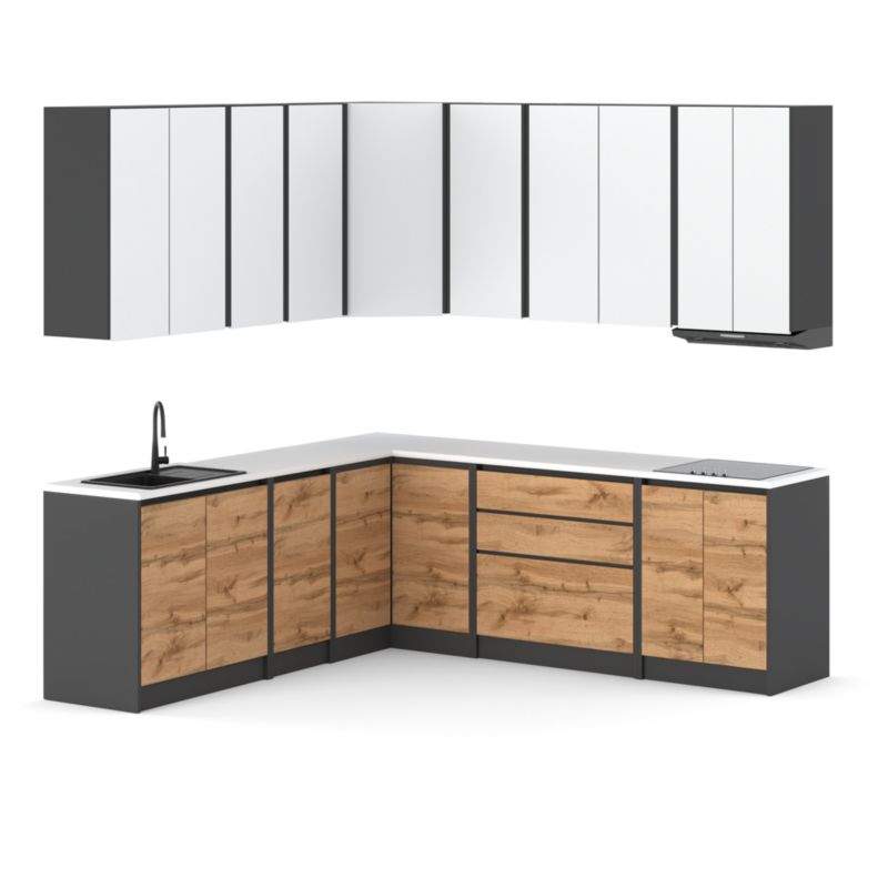 Zestaw Kuchenny Hurtownia-Mebli Z Blatem Kuchnia Bella Narożna 440cm Szary Mat Biały Mat/Dąb Wotan 440x47x185 cm 1szt.