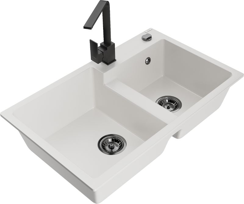 Zlewozmywak granitowy Mexen Tomas 2-komorowy z baterią kuchenną Rita biały - 6516-20-670300-50 1 szt.