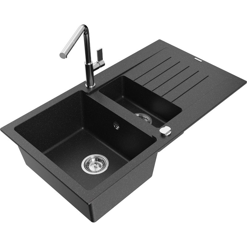 Zlewozmywak granitowy 1.5-komorowy Mexen Matias z ociekaczem i baterią kuchenną Flora czarny/srebrny 6502-73-670401-00