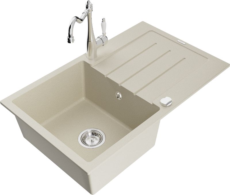 Zlewozmywak granitowy Mexen Bruno 1-komorowy z ociekaczem i baterią kuchenną Duero beżowy - 6513-69-671600-69 1 szt.