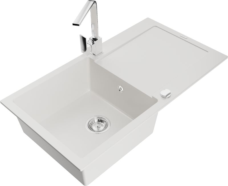 Zlewozmywak granitowy Mexen Leo 1-komorowy z ociekaczem i baterią kuchenną Rita biały - 6501-20-670300-70 1 szt.