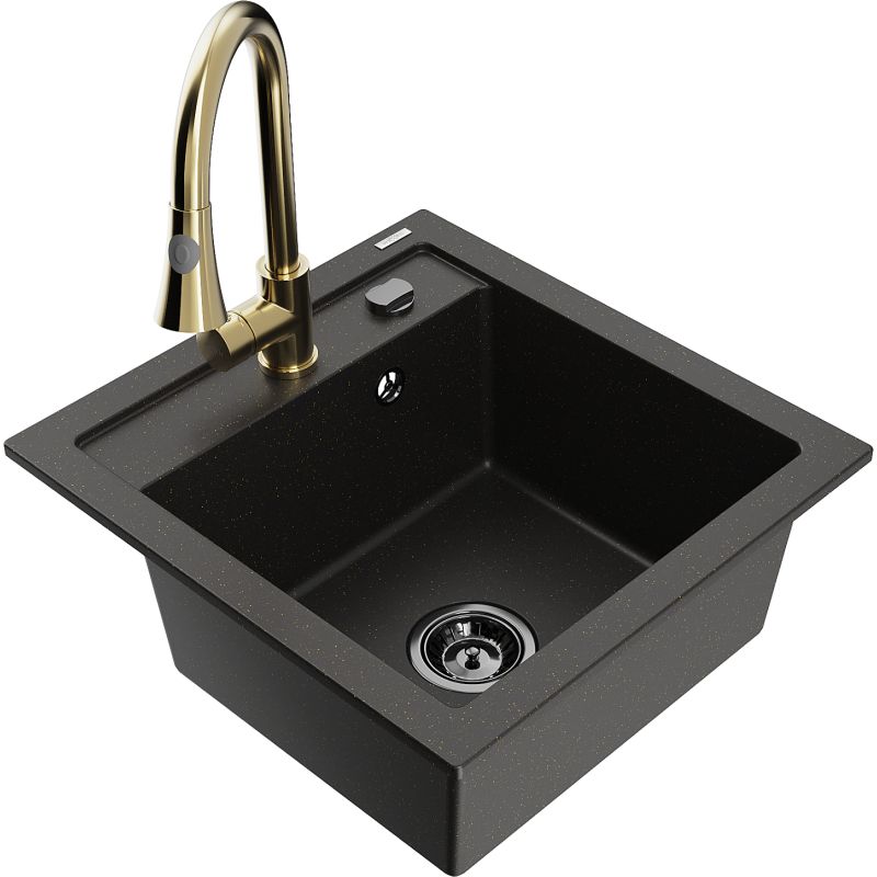 Zlewozmywak granitowy 1-komorowy Mexen Vito z baterią kuchenną Elia czarny/złoty metalik 6503-75-670101-50-B
