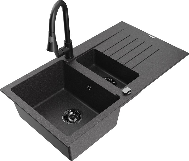 Zlewozmywak granitowy Mexen Matias 1,5-komorowy z ociekaczem i baterią kuchenną Elia czarny 6502-76-670101-70-B