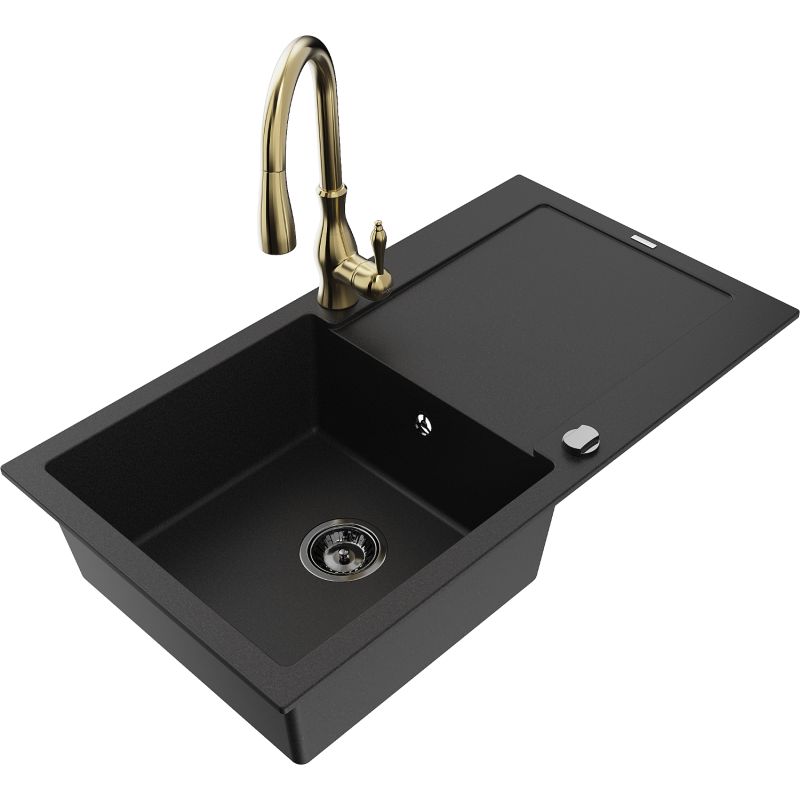 Zlewozmywak granitowy 1-komorowy Mexen Leo z ociekaczem i baterią kuchenną Savita czarny 6501-77-672601-50-B