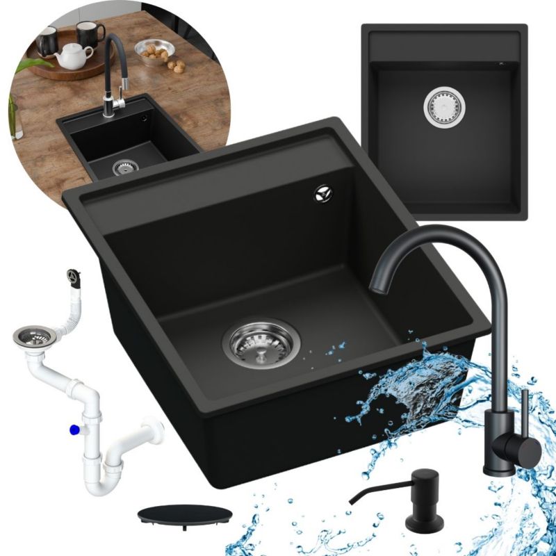 Zestaw zlewozmywak kuchenny GranMaster Magma 1-komorowy bez ociekacza z baterią, dozownikiem płynu i maskownicą czarny mat 1szt.