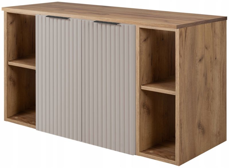 Szafka łazienkowa Furnidea 100 cm wisząca pod umywalkę kaszmir mat z blatem i regałami dąb craft złoty Flow 1 szt.