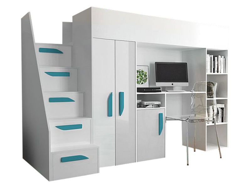 Łóżko piętrowe ze schodami MIRJAN 24 Party 14 biały połysk+uchwyty turkusowe 1 kpl.