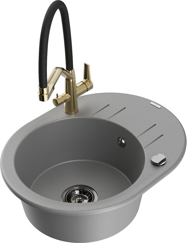 Zlewozmywak granitowy Mexen Kevin 1-komorowy z ociekaczem i baterią kuchenną Aster czarny - 6517-76-73450-70-B 1 szt.