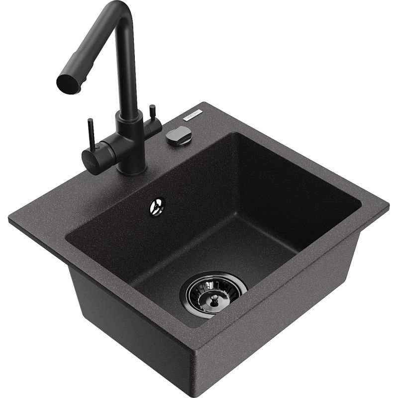 Zlewozmywak granitowy 1-komorowy Mexen Milo z baterią kuchenną Duero czarny nakrapiany 6505-76-671600-70-B