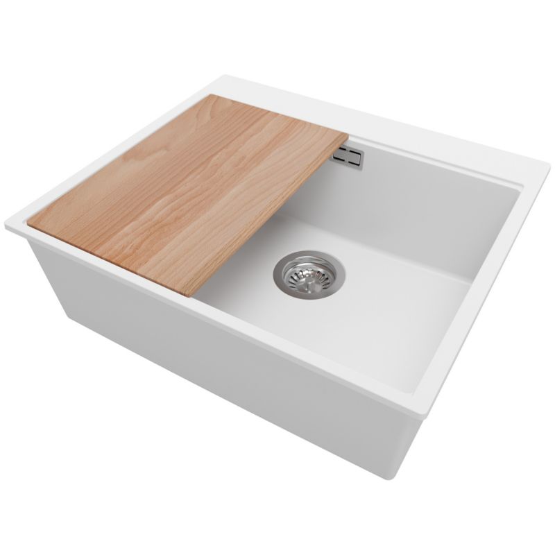 Zlewozmywak Oslo PRIMAGRAN Nablatowy 58x50cm do szafki od 60cm, Biały + Syfon + Deska, S404, 1 szt.