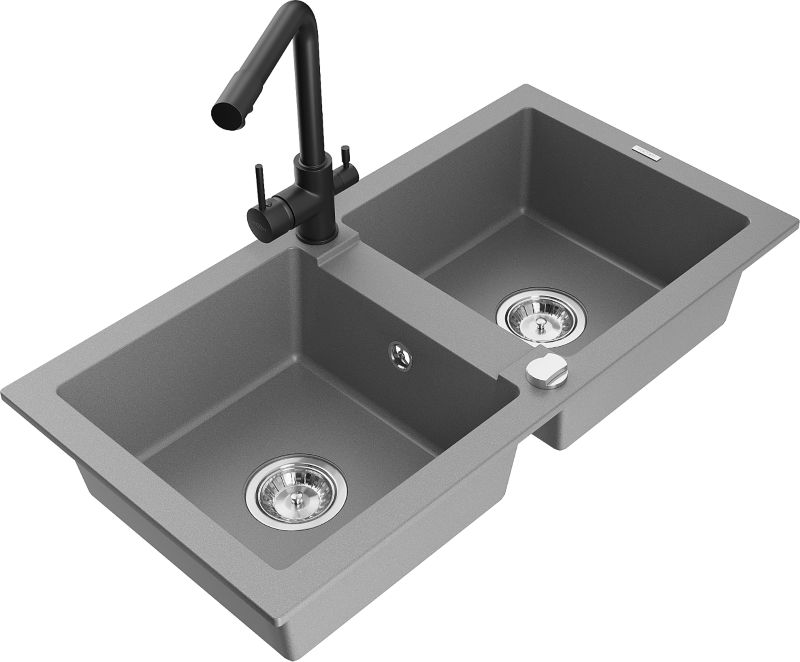 Zlewozmywak granitowy Mexen Mario 2-komorowy z baterią kuchenną Duero szary 6504-71-671600-70