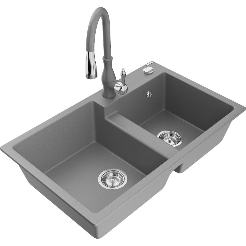 Zlewozmywak granitowy 2-komorowy Mexen Tomas z baterią kuchenną Savita szary - 6516-71-672601-70 1 szt.