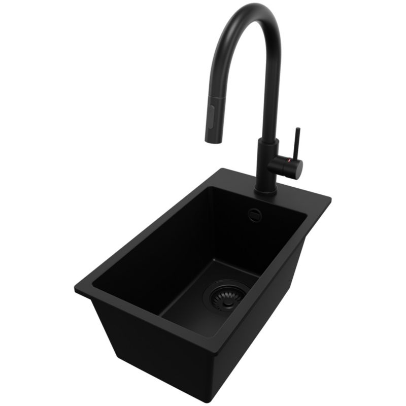 Zlewozmywak Granitowy Ryga PRIMAGRAN Nablatowy 28x50cm do szafki od 30cm, Cały Czarny + Bateria 40x20cm + Syfon, S020, 1 szt.