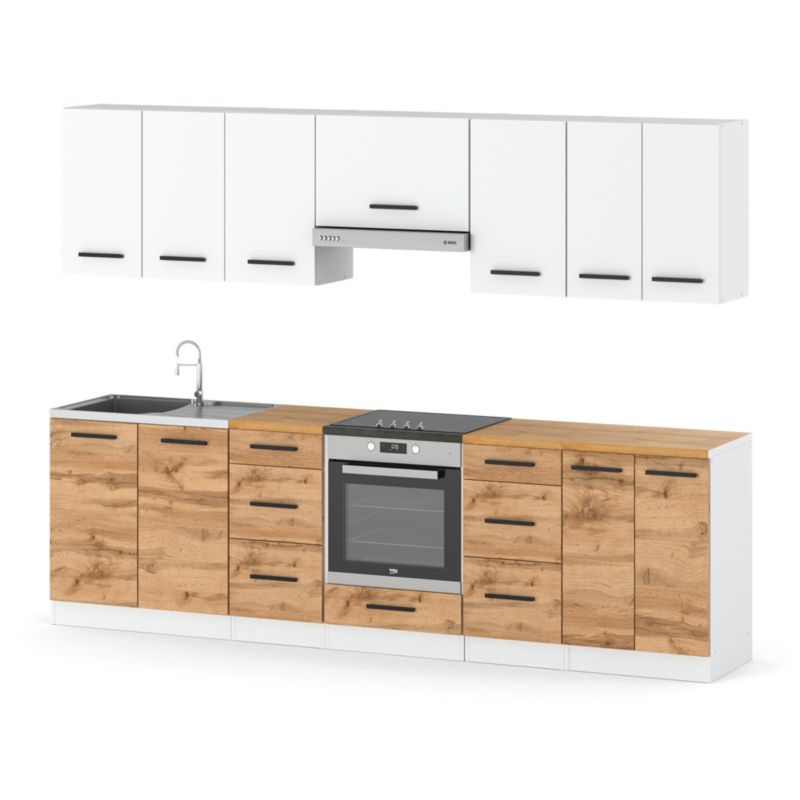 Zestaw Kuchenny Hurtownia-Mebli Z Blatem Kuchnia Roma 280cm Biały Mat Biały Mat/Dąb Wotan 280x47x145 cm 1szt.