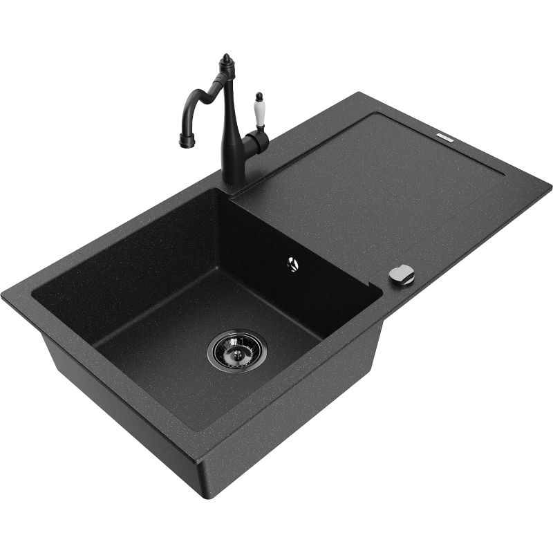 Zlewozmywak granitowy 1-komorowy Mexen Leo z ociekaczem i baterią kuchenną Carla czarny/srebrny metalik 6501-73-670700-70-B