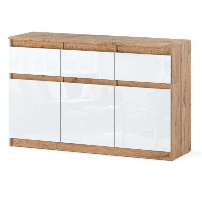 Komoda Hurtownia-Mebli Szuflady 3 Oleksa 3D3SZ 120cm Dąb Wotan Biały Połysk 120x35x75 cm 1szt.